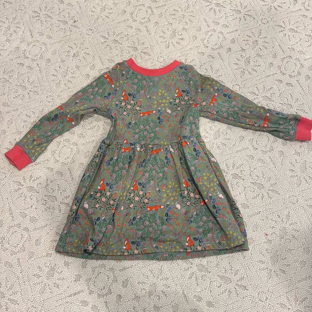 Mini Boden Green Floral Fox Print Long Sleeve Dress with Pink Trim